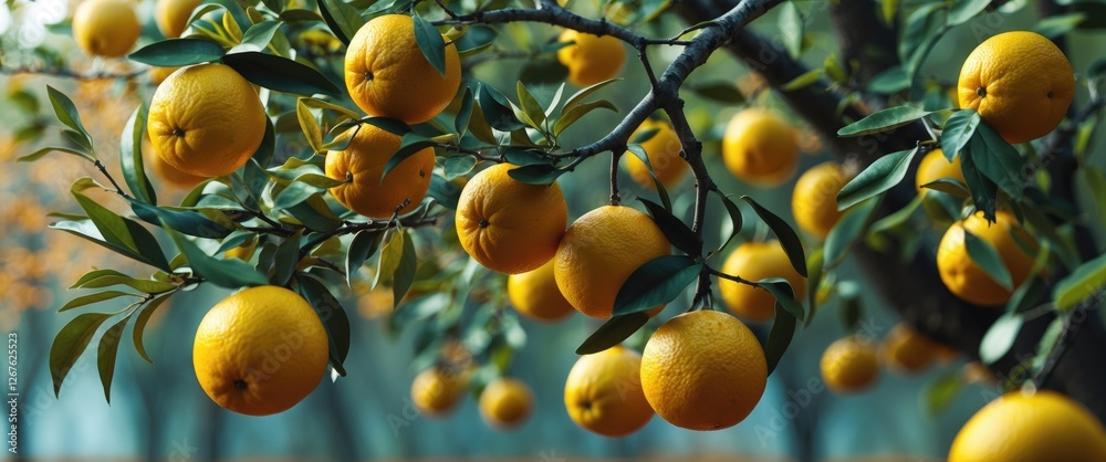 Aufkleber yellow oranges hanging from tree branches with lush green leaves in autumn season natural background