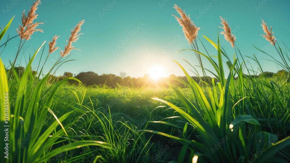 Leinwandbilder sunlit grass field with backlighting and open space for text overlay