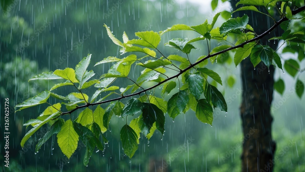 Poster Lush Green Mulberry Tree Leaves Glistening in Rain with Soft Background Blur and Raindrops Dripping from Branches in a Serene Nature Setting