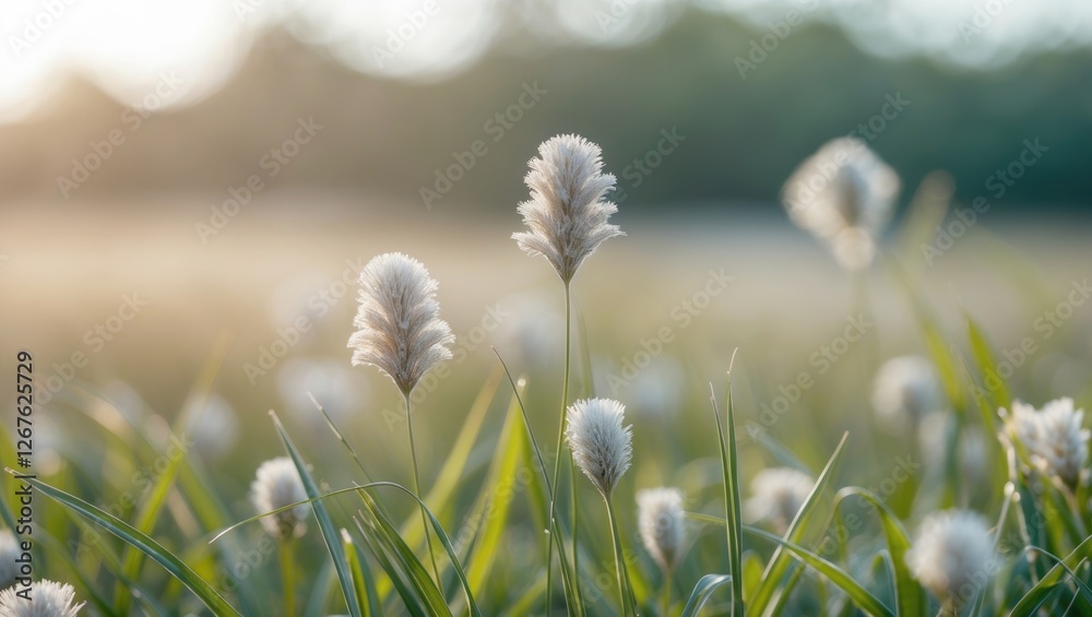 Poster Delicate Grass Flowers with Soft Focus Background and Ample Space for Text Overlay in a Serene Natural Setting