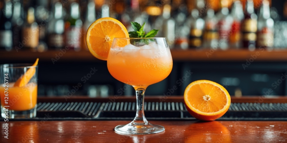 Poster Refreshing Orange Cocktail Garnished with Citrus Slices in a Bar Setting with Blurred Background and Space for Text Overlay