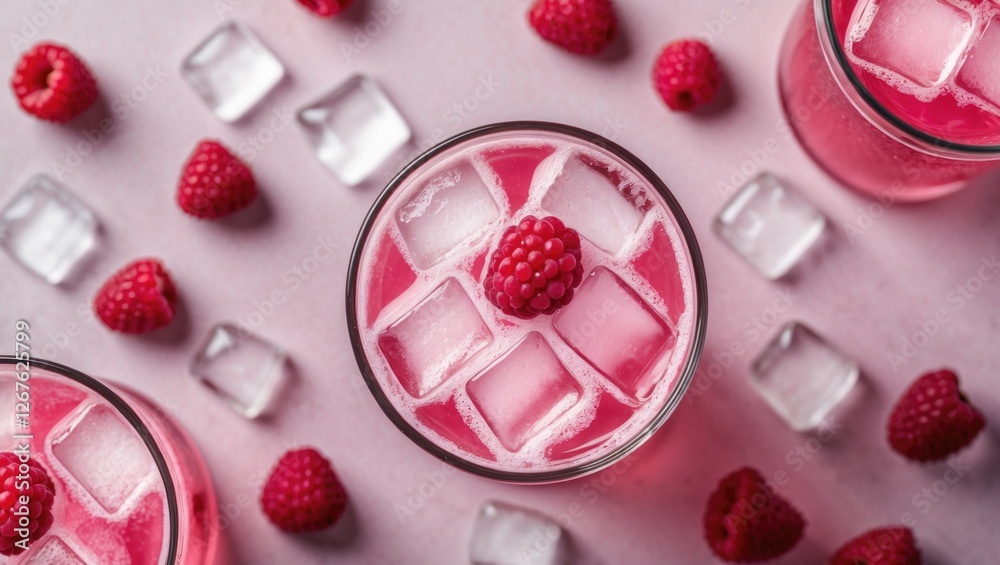 Poster refreshing pink soda drink with ice and raspberries garnished in glasses surrounded by ice cubes and