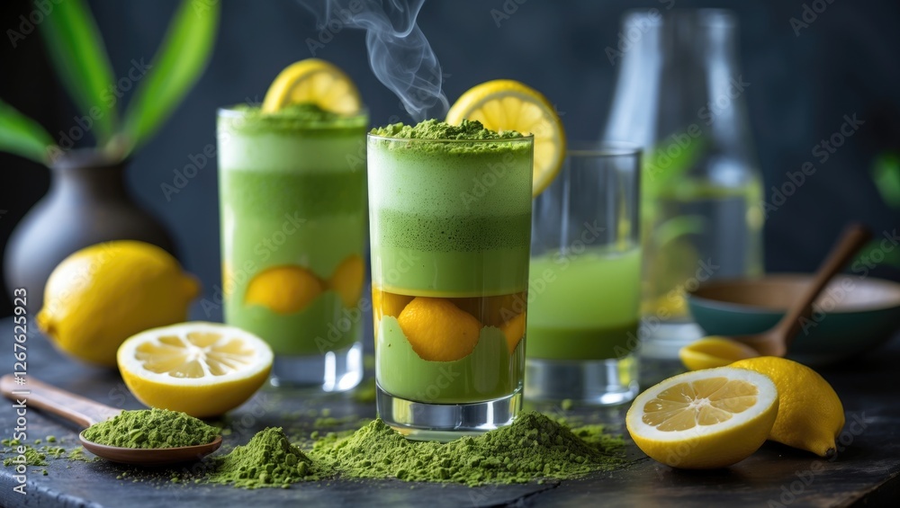 Poster refreshing matcha lemonade with yuzu and fresh lemons in stylish glasses on a dark table background