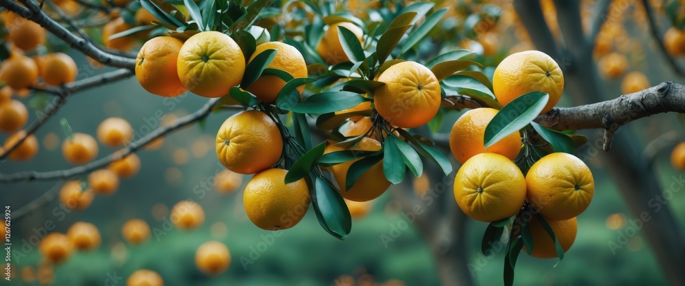 Aufkleber Ripe Oranges Hanging on Tree Branches Surrounded by Autumn Foliage with Clear Sky for Text Overlay and Design Use