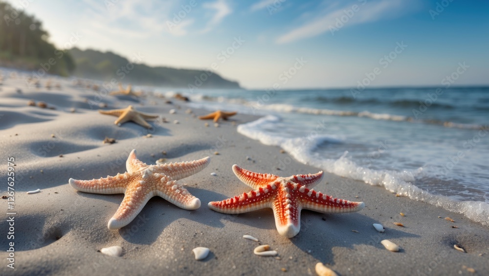 Aufkleber starfish on sandy beach at sunrise with ocean waves and empty space for text or branding