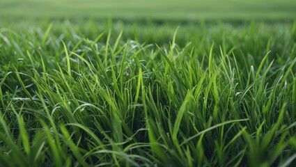 Obraz premium Vibrant close-up of lush green grass with detailed texture and soft natural lighting creating a serene outdoor atmosphere.