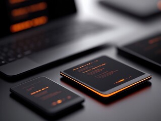 devices on a desk displaying code