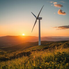 Obraz premium Sunset Over Rolling Hills with Wind Turbine in the Background