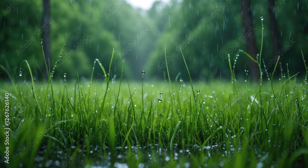 Aufkleber lush green grass glistening with raindrops in a forest meadow creating an abstract summer nature sce