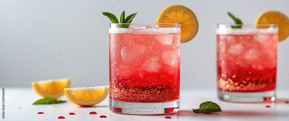 Poster refreshing red sparkling cocktail in glass with ice lemon slices and mint leaves isolated on white b