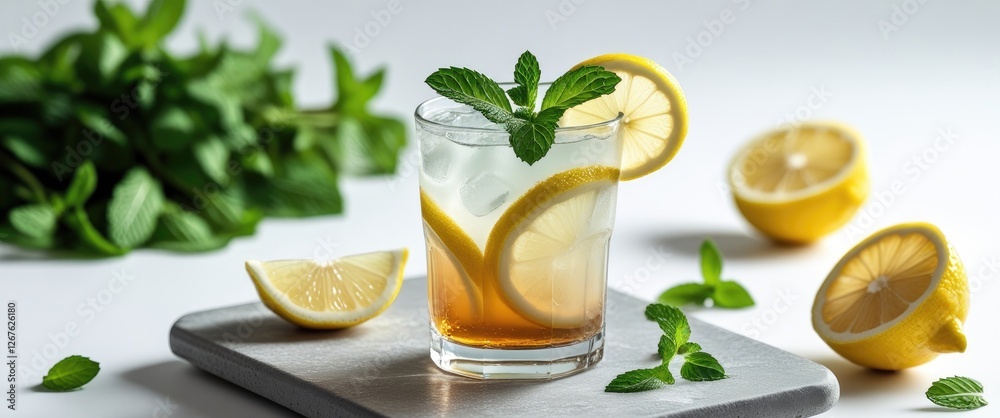 Poster refreshing cold beverage with lemon slices and mint leaves served on a stylish table showcasing fres