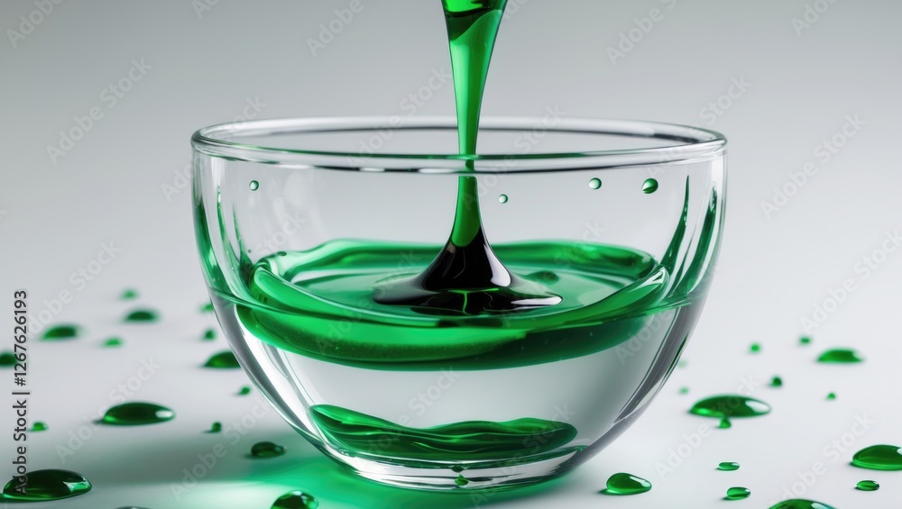 Poster Vibrant Green Ink Droplet Creating Ripples in a Clear Water Bowl with Empty Space for Text on a Light Background