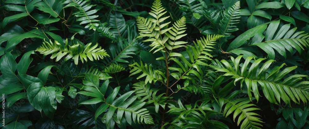 Poster lush green leaves of various ferns and tropical plants creating a rich botanical background