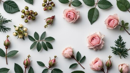 Floral arrangement featuring rosebuds, hawthorn flowers, and rowan leaves on a white background with space for text and design elements.