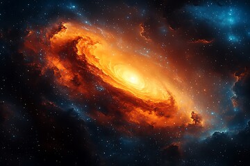 Fototapeta premium Stunning spiral galaxy illuminated by vibrant orange and yellow hues amidst deep space