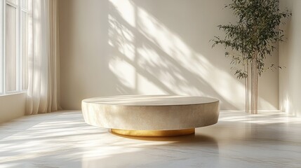 "Gold-Topped White Podium Glowing in Soft Sunlight"