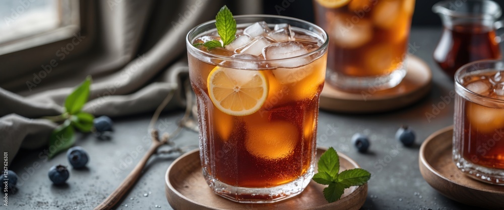Poster refreshing iced tea in glass with lemon and mint on wooden coaster close up with empty space for tex
