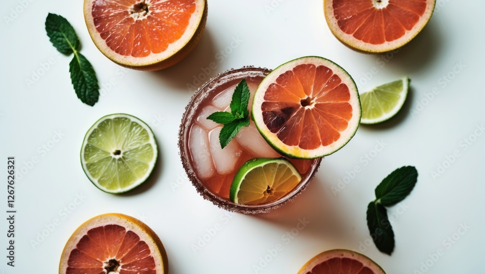 Poster refreshing mint iced tea with grapefruit and lime slices on white background perfect for summer beve
