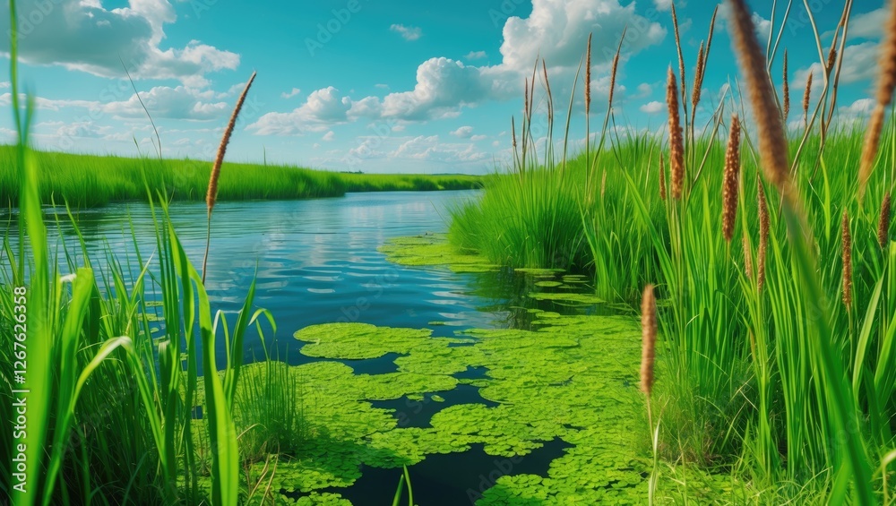 Aufkleber lush green grass and reeds by serene lake under a bright blue sky with fluffy clouds in a tranquil n