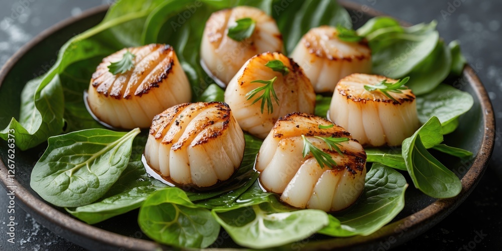 Poster Grilled scallops served on fresh salad leaves with vibrant colors creating an elegant dining presentation and space for text overlay.