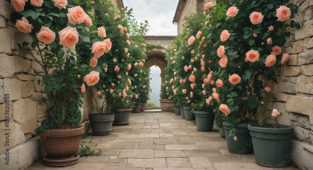 Poster charming stone pathway lined with blooming girault climbing roses in pots, featuring ample space abo