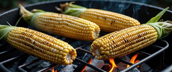 Grilled Corn on the Cob Cooking on Charcoal Grill with Flames and Smoke in Outdoor Setting