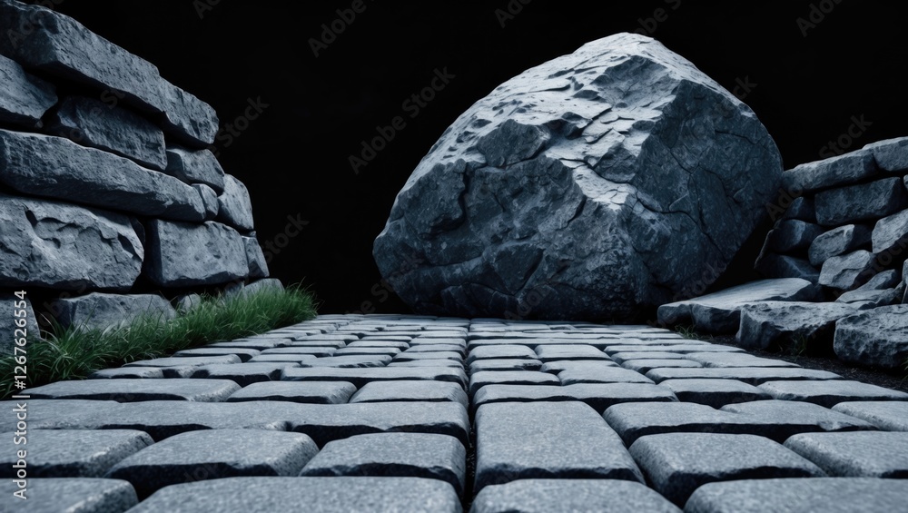 Poster grey stone brick pathway leading to a large boulder against a dark background showcasing natural tex
