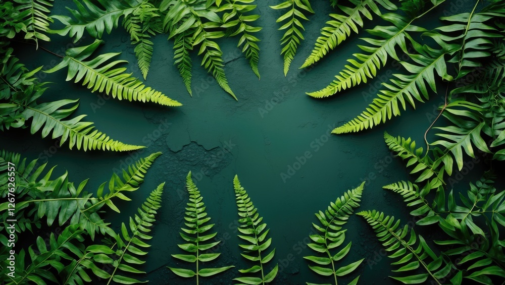 Aufkleber Lush Green Fern Leaves Framing Dark Background Nature Texture with Space for Text Overlay