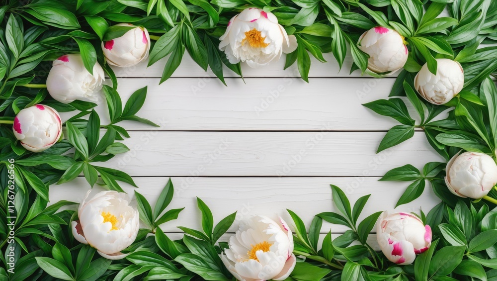 Poster peony flowers and green leaves frame on white wooden background empty space for text or creative des