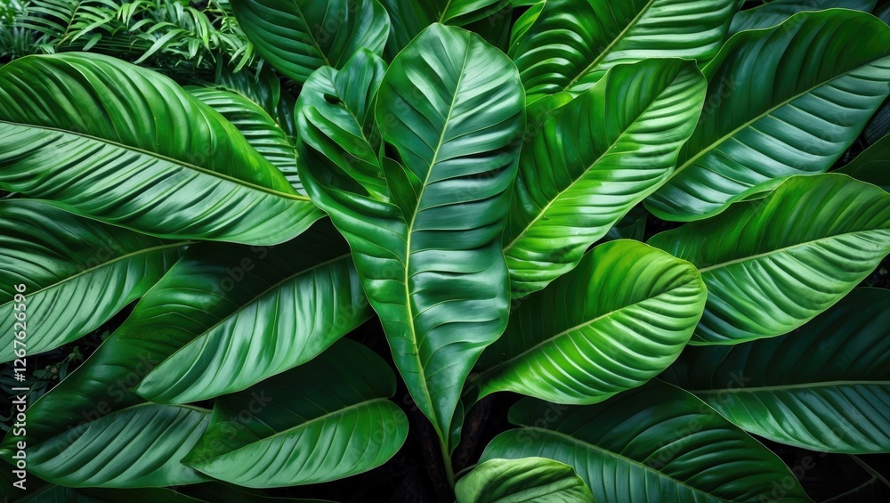 Poster Lush Green Large Leaf Background with Abundant Foliage and Space for Text or Design Elements in a Natural Setting