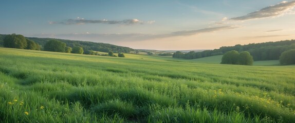 Obraz premium Serene Green Meadow Landscape with Lush Grassland and Clear Sky Ideal for Nature and Landscape Backgrounds