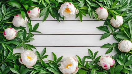 Obraz premium Peony Flowers and Green Leaves Frame on White Wooden Background Empty Space for Text or Creative Design