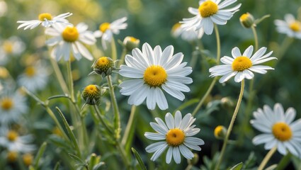 Fototapeta premium Daisy Flower Field Close-Up with Chamomile Blossoms and Lush Greenery Ideal for Nature Themes and Text Overlays