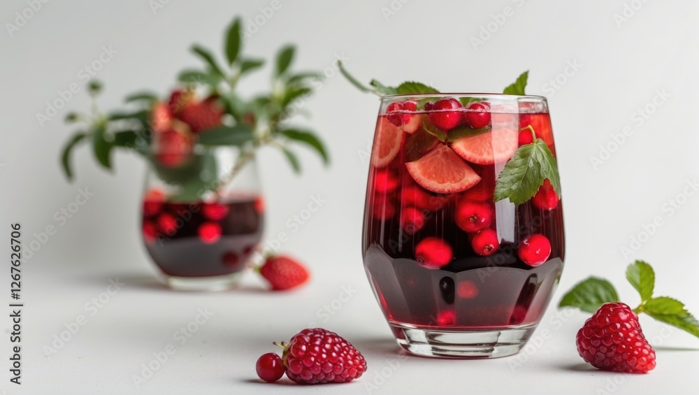 Poster refreshing red sangria with berries and mint in a stylish glass on a light background