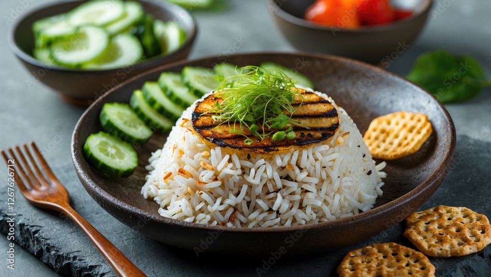 Poster Grilled Rice Dish Garnished with Cucumbers and Crackers on Rustic Table Setting