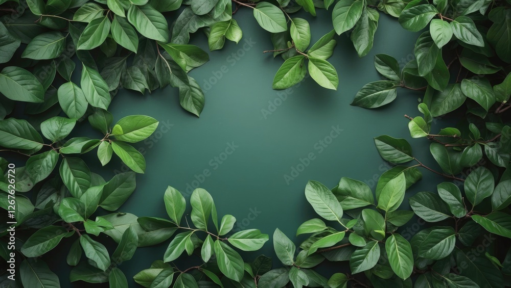 Poster Lush Green Leaves Creating Natural Frame with Empty Copy Space Ideal for Text or Graphics in a Serene Nature Background