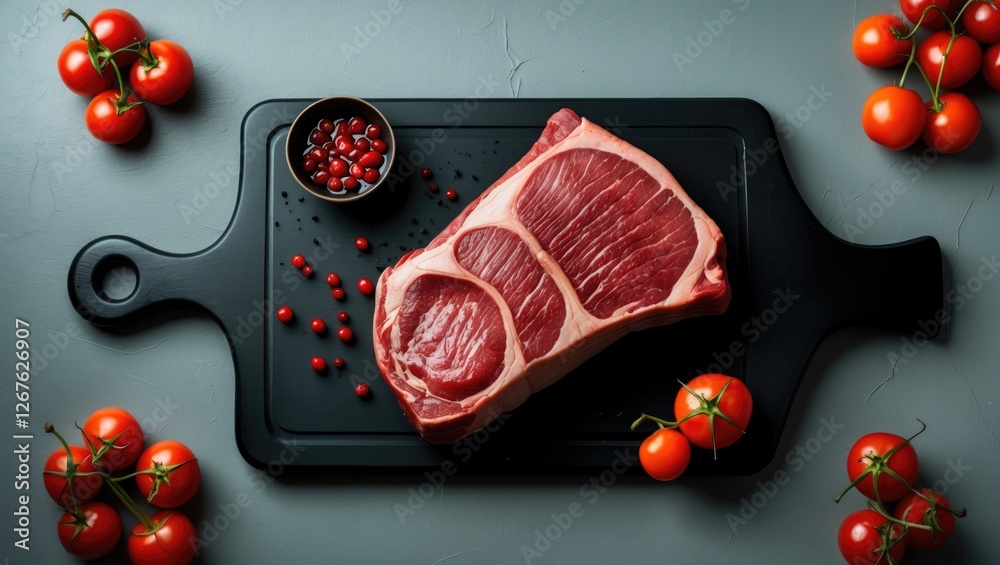 Poster rib-eye steak displayed on a black cutting board surrounded by cherry tomatoes and berries on a gray