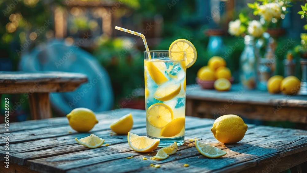 Poster refreshing homemade lemonade served in a tall glass surrounded by fresh lemons on a rustic wooden ta