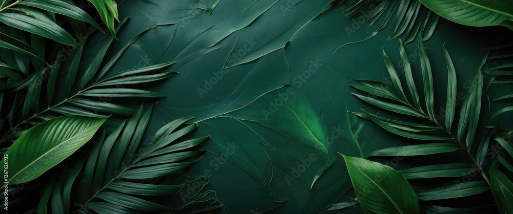 Poster Tropical Green Leaf Background with Rich Textures and Empty Space for Customizable Text Elements in a Natural Setting