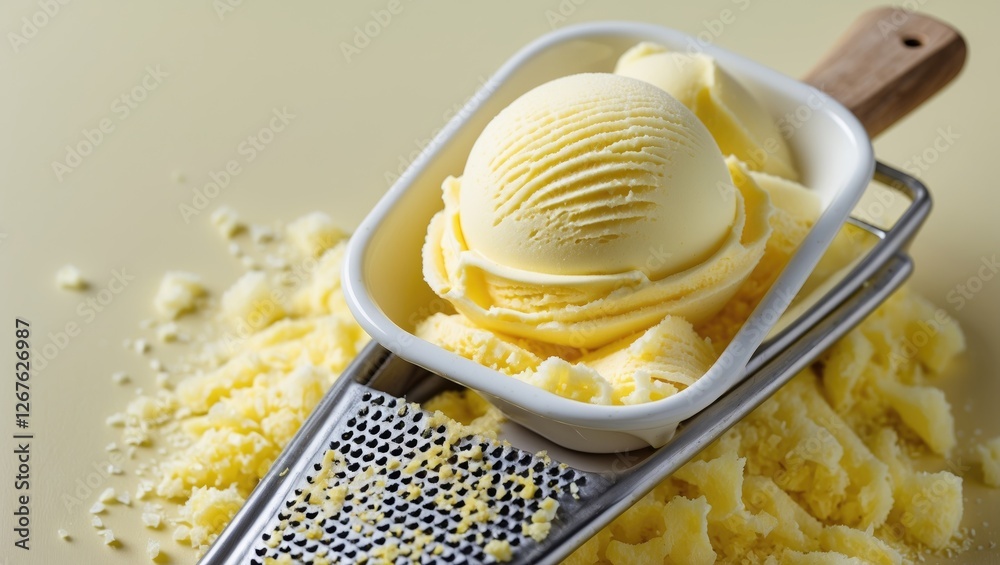 Poster grated yellow ice cream served on a kitchen grater with pastel background and empty space for summer
