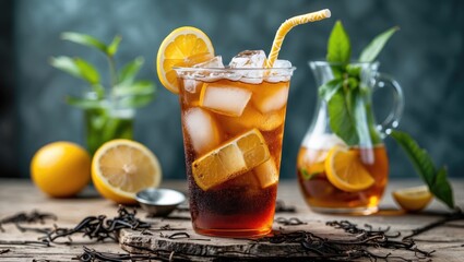 Fototapeta premium Refreshing Iced Tea in Plastic Glass with Lemon and Straw Surrounded by Ingredients and Garnishes on Rustic Table