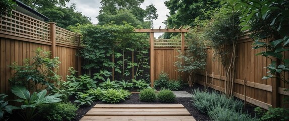 Fototapeta premium Tranquil garden retreat featuring lush greenery, wooden fencing, and a serene pathway, perfect for nature lovers and outdoor tranquility.