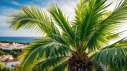 Fototapeta premium Lush Green Palm Leaves Overlooking the Beautiful Coastline of Costa Blanca in a Serene Landscape Setting