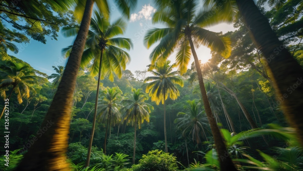 Poster lush tropical forest with sunlight filtering through tall trees in daytime captured from low angle p