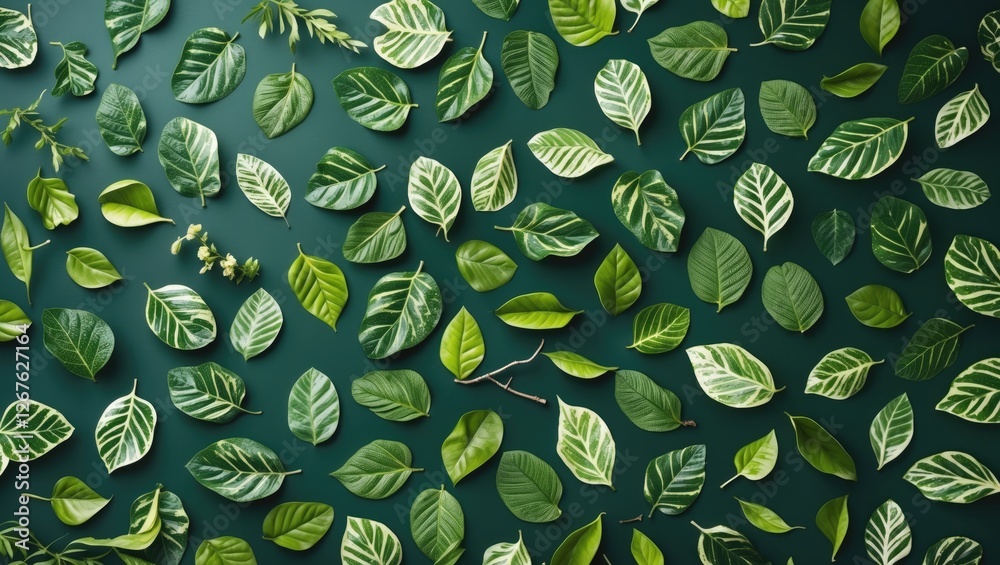 Fototapete Diverse Green Leaf Pattern on Dark Background with Varied Textures and Shapes Creating an Organic Aesthetic for Design and Copy Space