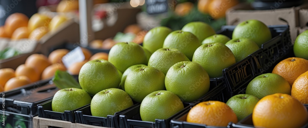 Poster fresh green mandarins and oranges displayed in market baskets with inviting space for promotional te