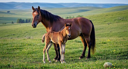 Obraz premium Mustang Mare Standing Protectively Over Her Young Foal in a Lush, Rolling Green Valley 