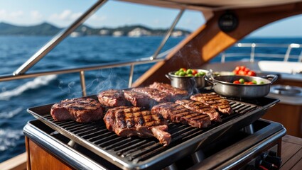 Luxury Barbecue Experience on a Yacht Grilling Succulent Meats with Scenic Ocean Views during a Relaxing Sail