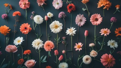 Fototapeta premium Vibrant Floral Display on Dark Background with Space for Text Personalization and Design Elements
