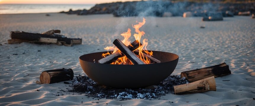 Beach Fire Pit with Flames and Logs on Sandy Shore at Sunset, Ideal for Outdoor Gatherings and Relaxation, Empty Space for Text - Powered by Adobe